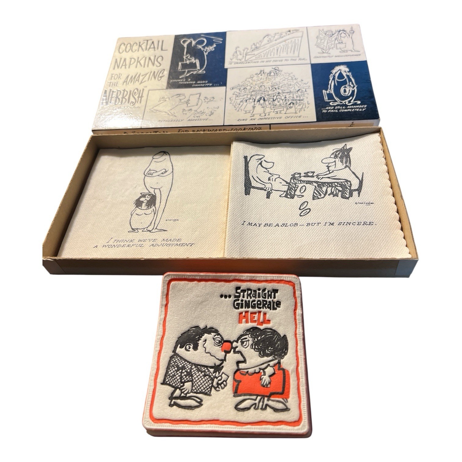 Vintage 1950s Cocktail Napkins and Coasters Herb Gardner Nebbish Barware Set