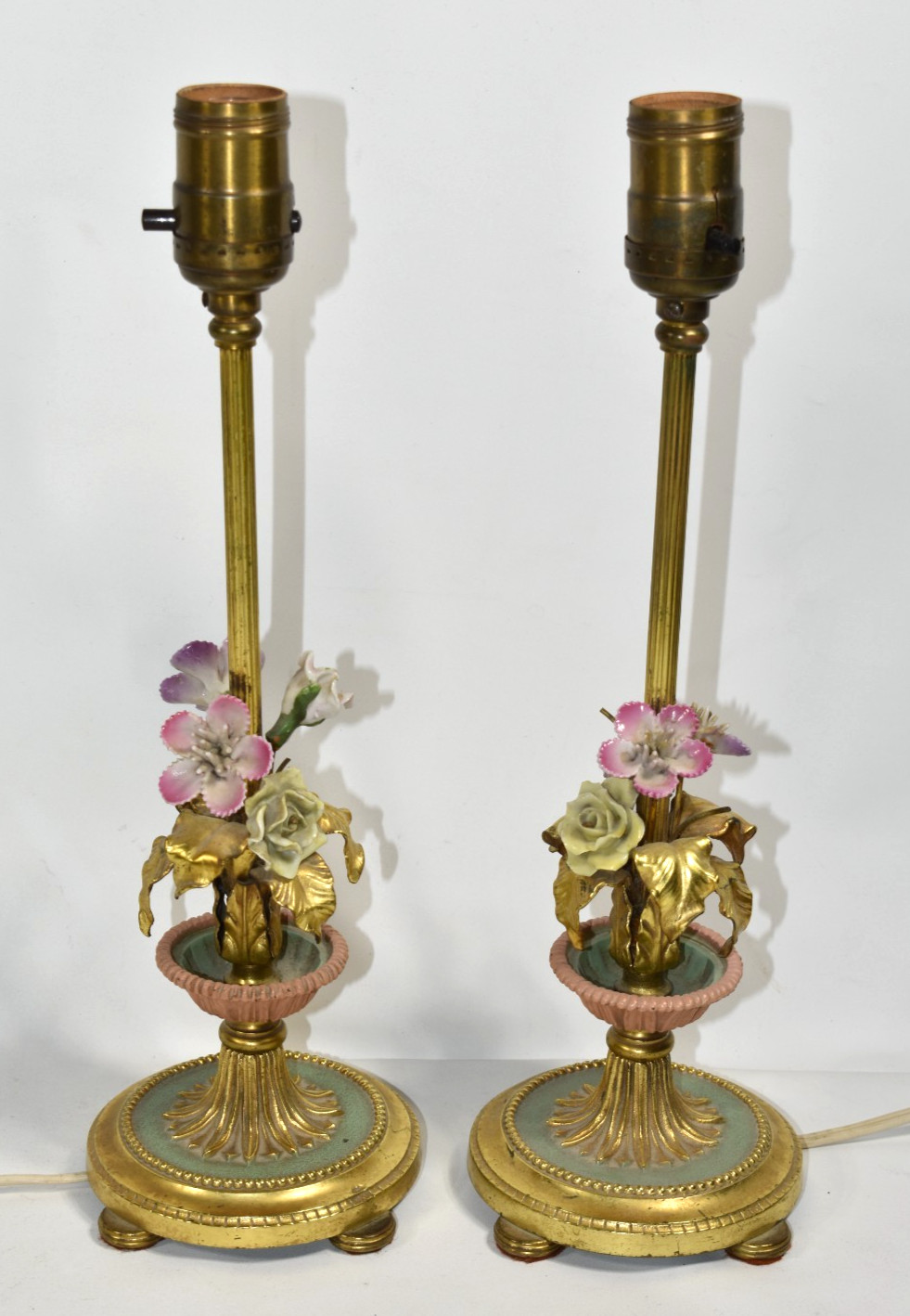Vtg AS-IS French Style Pair Set Boudoir Candlestick Lamps Porcelain Flower 13.5