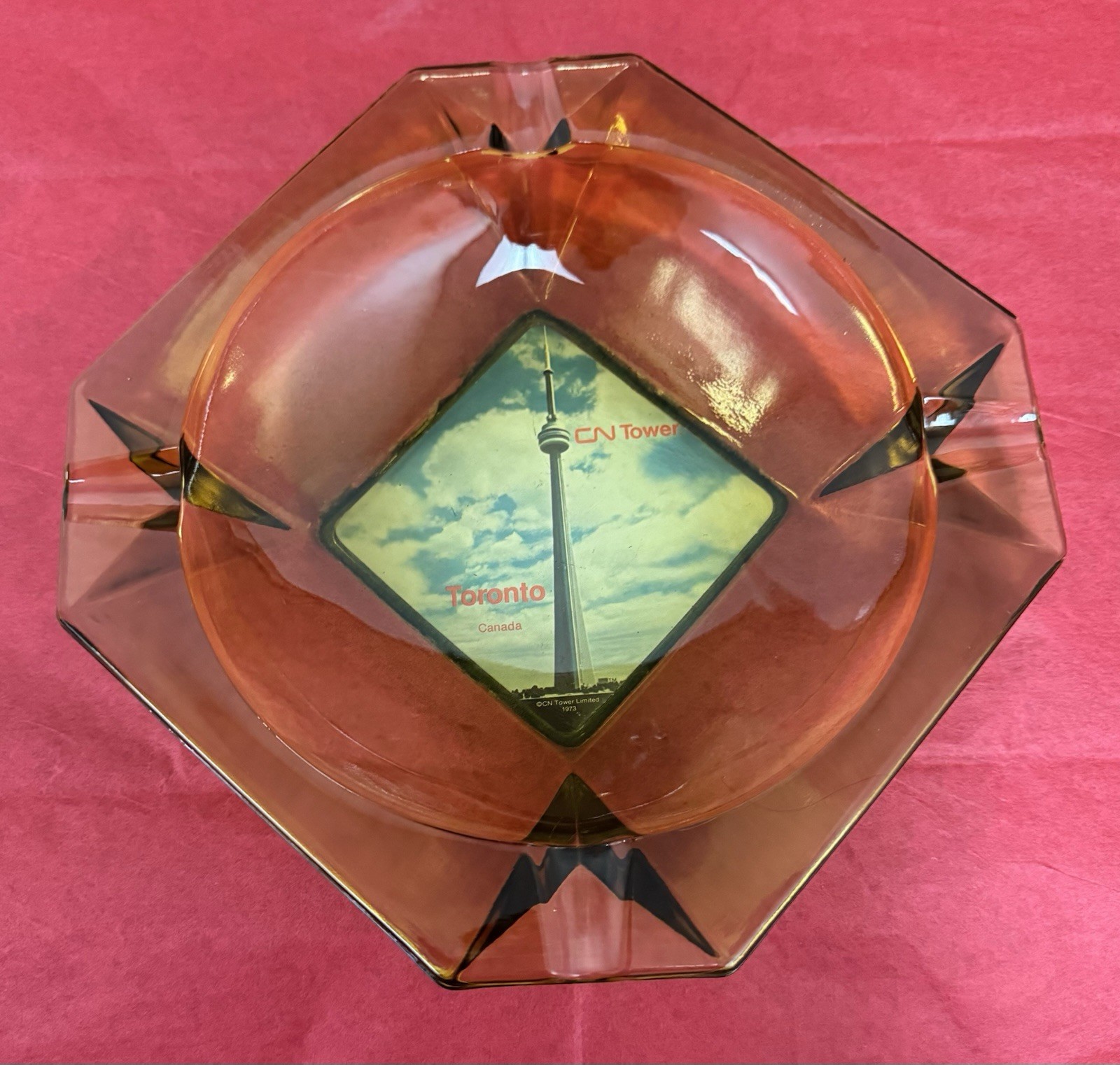 Vintage 1973 CN Tower Toronto Canada Amber Glass Ashtray