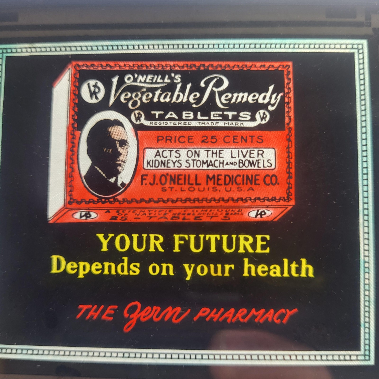 Vintage O\'Neill\'s Vegetable Remedy Tablets Magic Lantern Glass Ad Slide St Louis