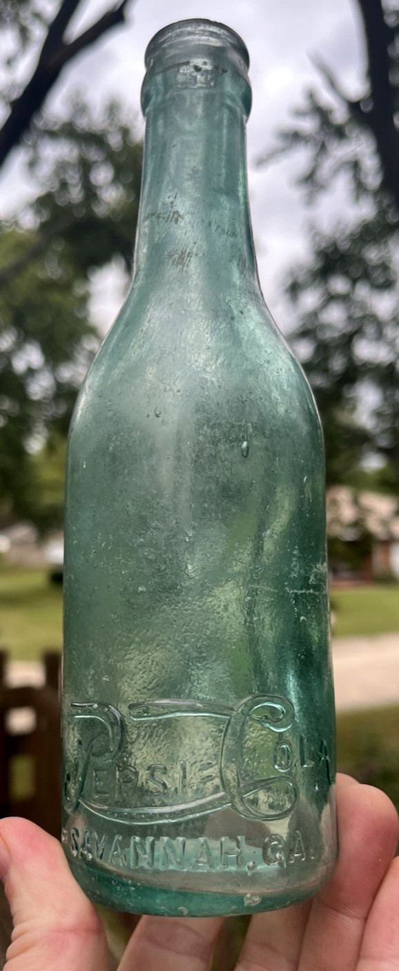 NICE AQUA STRAIGHT SIDE SCRIPT PEPSI-COLA BOTTLE SAVANNAH, GA 1910s ERA DUG L@@K