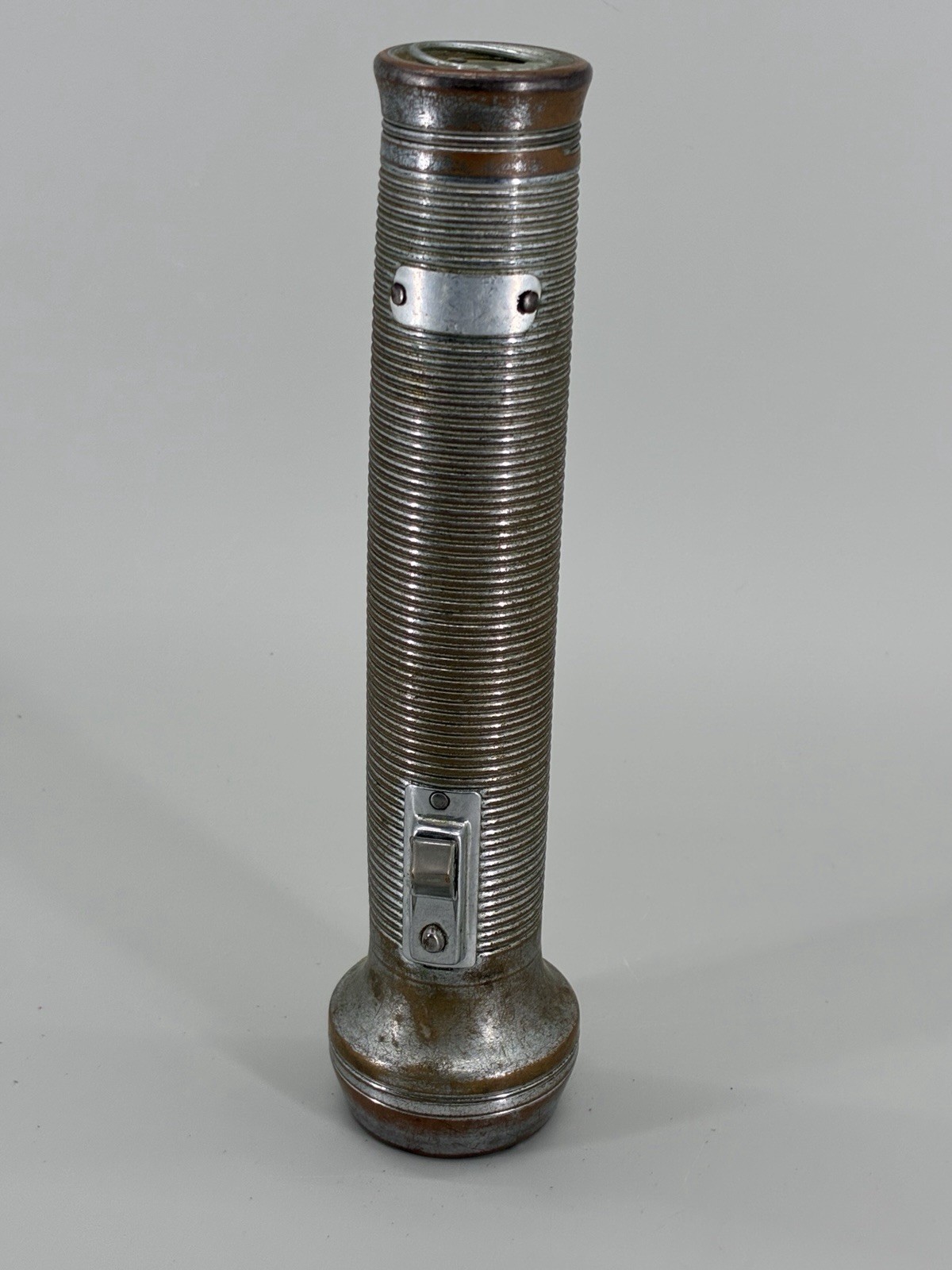 Vintage Eveready Metal Flashlight Ribbed Tube 2 Switch Untested Parts Repair