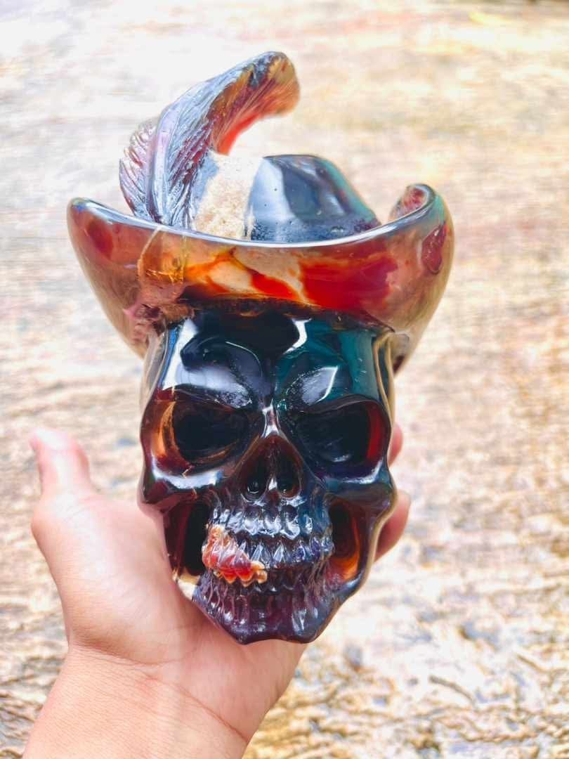 Amber Skull  Cowboy With Feather And Hat
