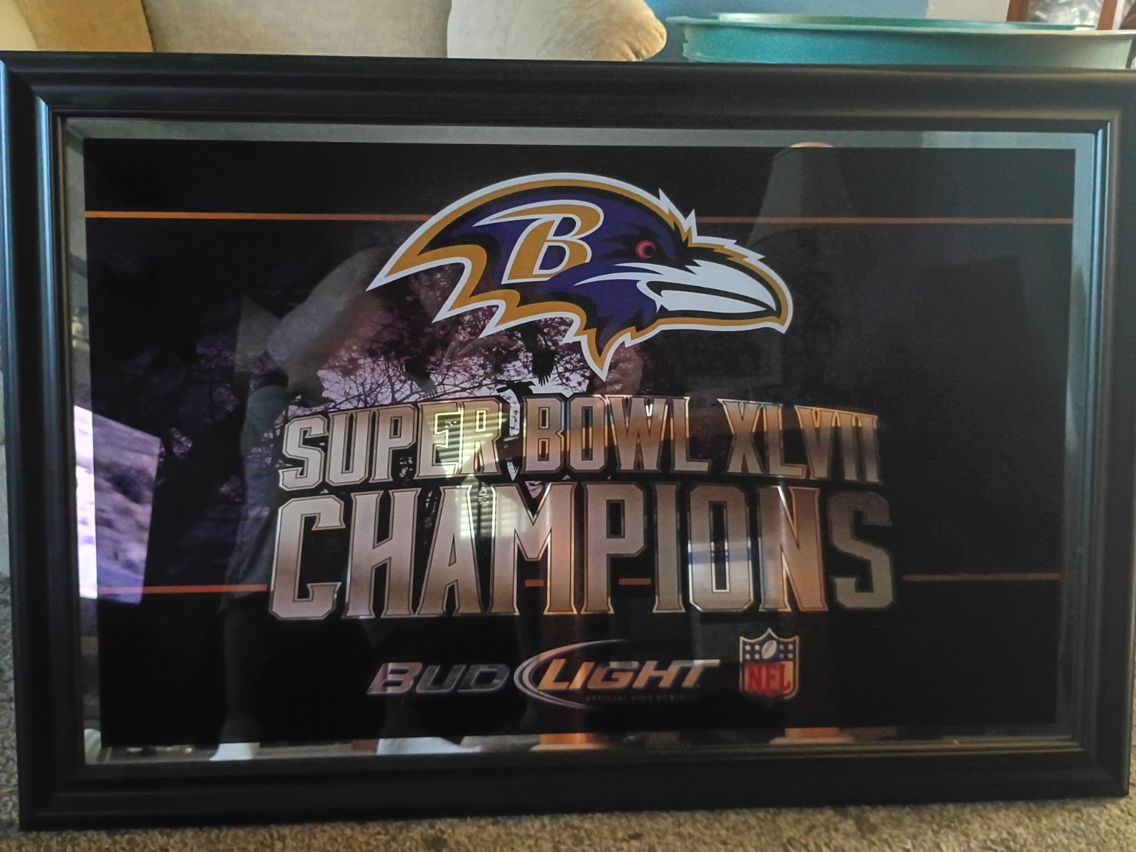 Bud Light Baltimore Ravens Super Bowl XLVII Champions Framed Wall Bar Mirror Sig