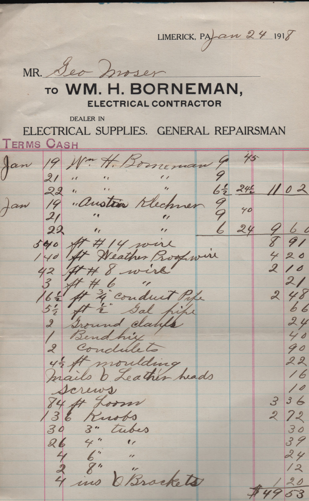 1918 Wm H Borneman Electrical Contractor Limerick PA Antique Billhead Invoice