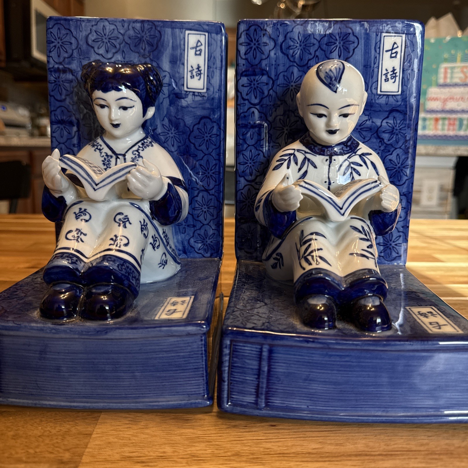 Vintage Blue & White Chinese Porcelain Scholar Bookends – Hand-Painted