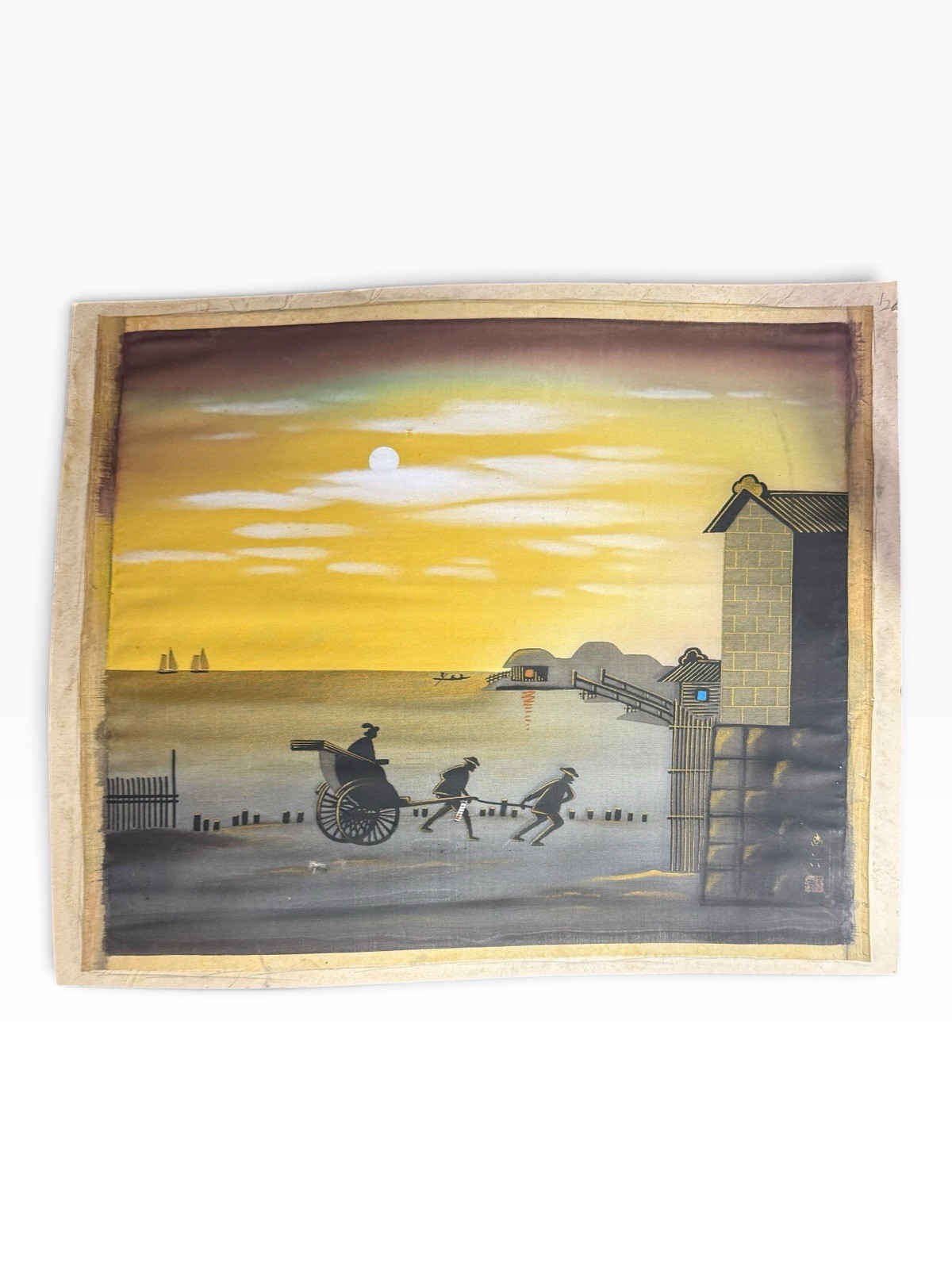 Vintage Japanese Style Fabric Painting Rickshaw Sunset Gold Accents Signed