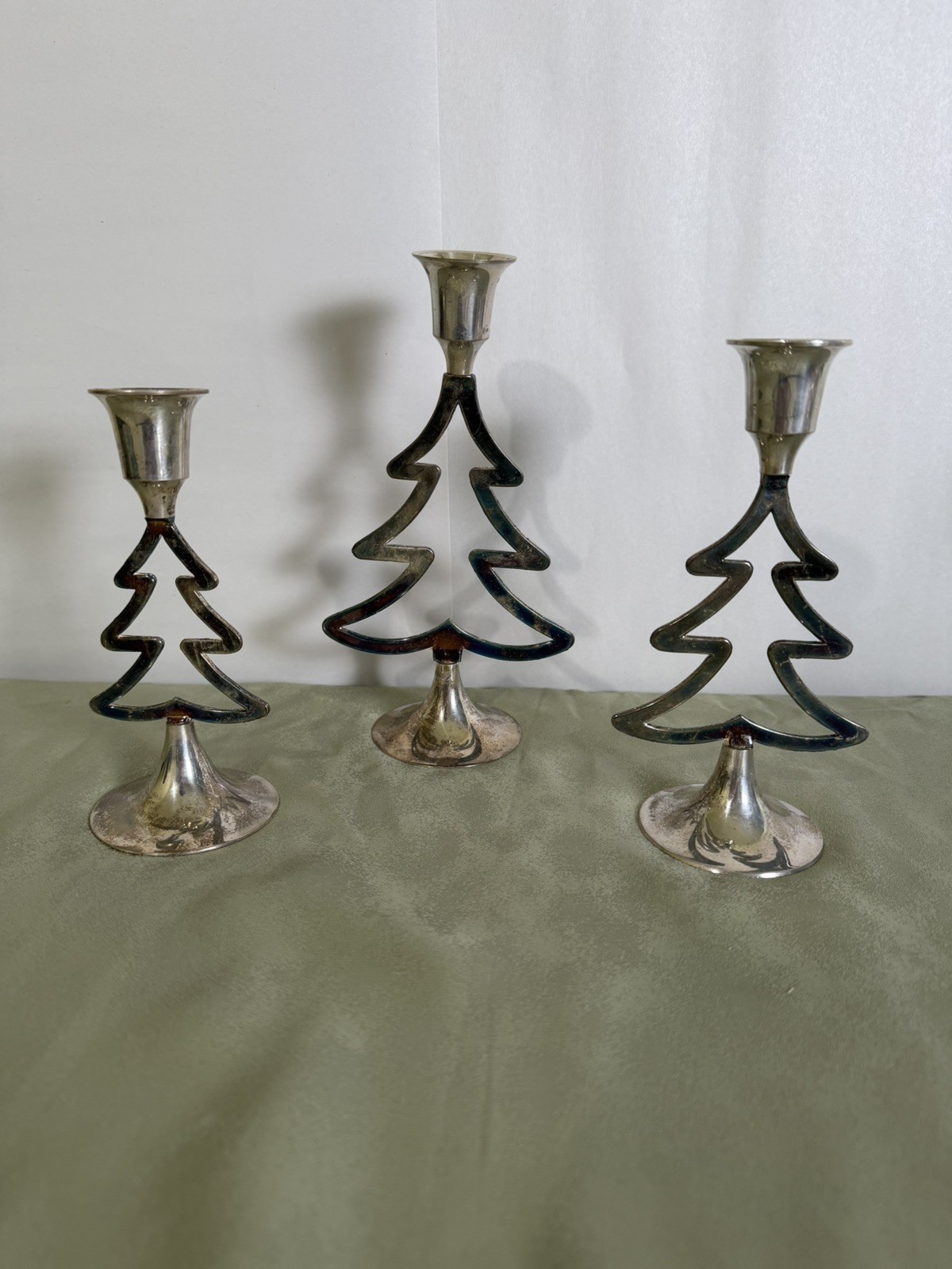 Vntg 1995 International Silver Co Christmas Tree Candlestick Holders Set 3 Boxed