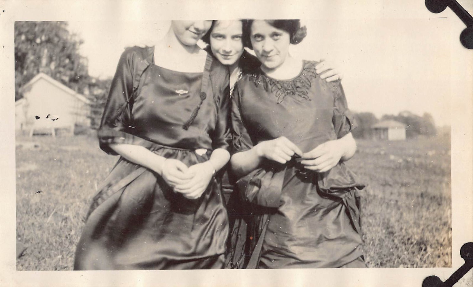 Three Women Arm in Arm 1920s Photo Buddies Satin Dress Windy Field Smile Cute
