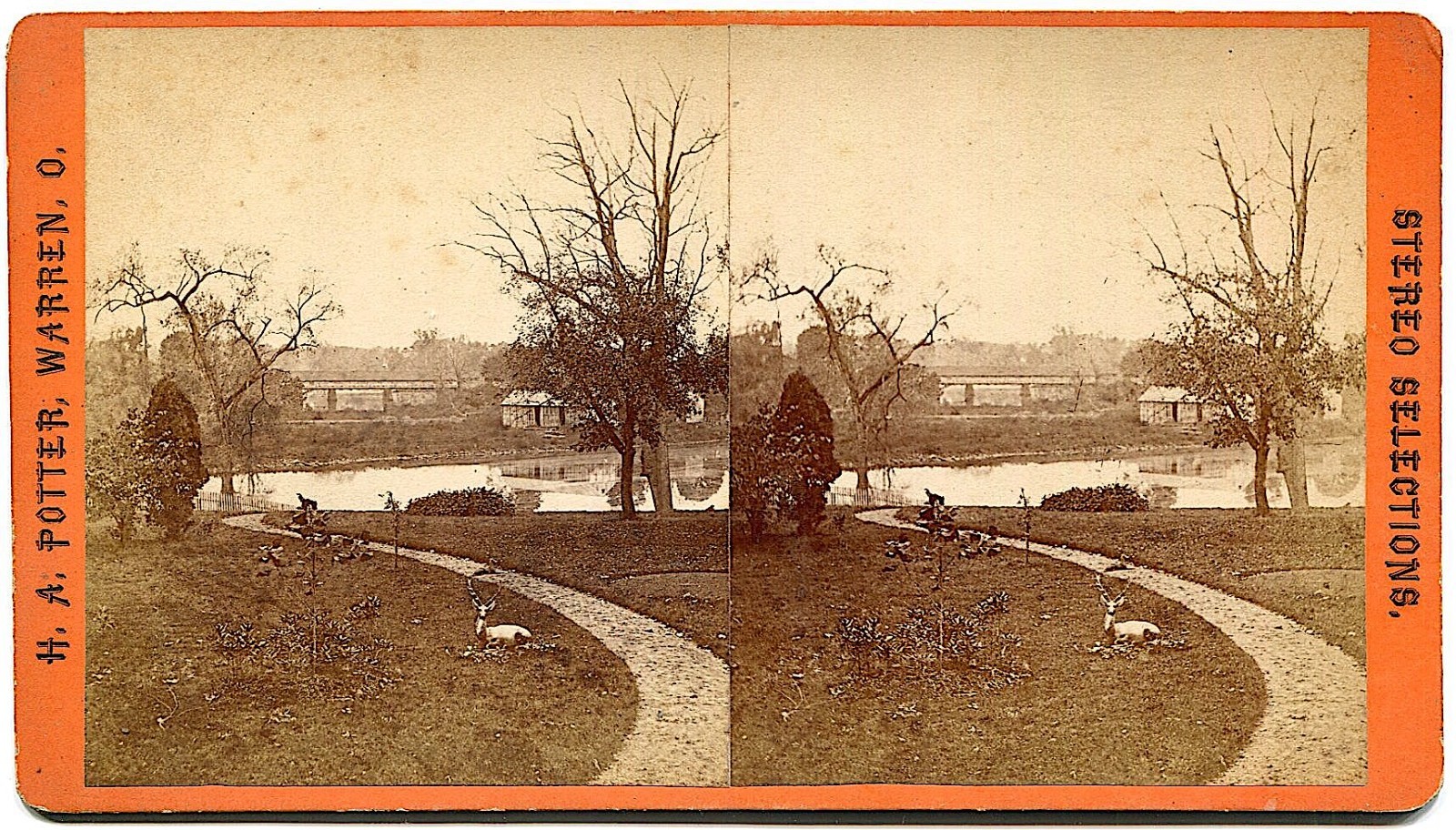 Warren OH Ohio Park w/ Covered Bridge Trumbull County 1870s Stereoview Photo