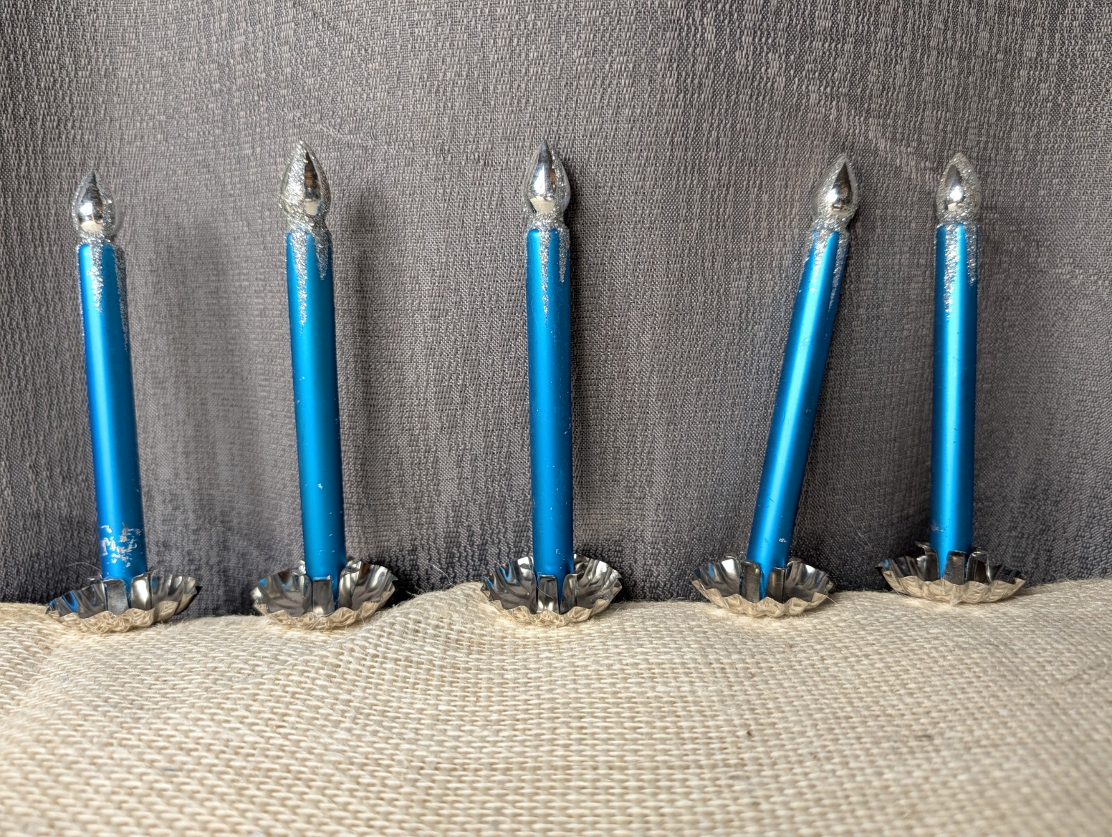 Lot 5 Clip On Blown Glass Blue Candle Silver Flame Christmas Ornaments VNTG 90s