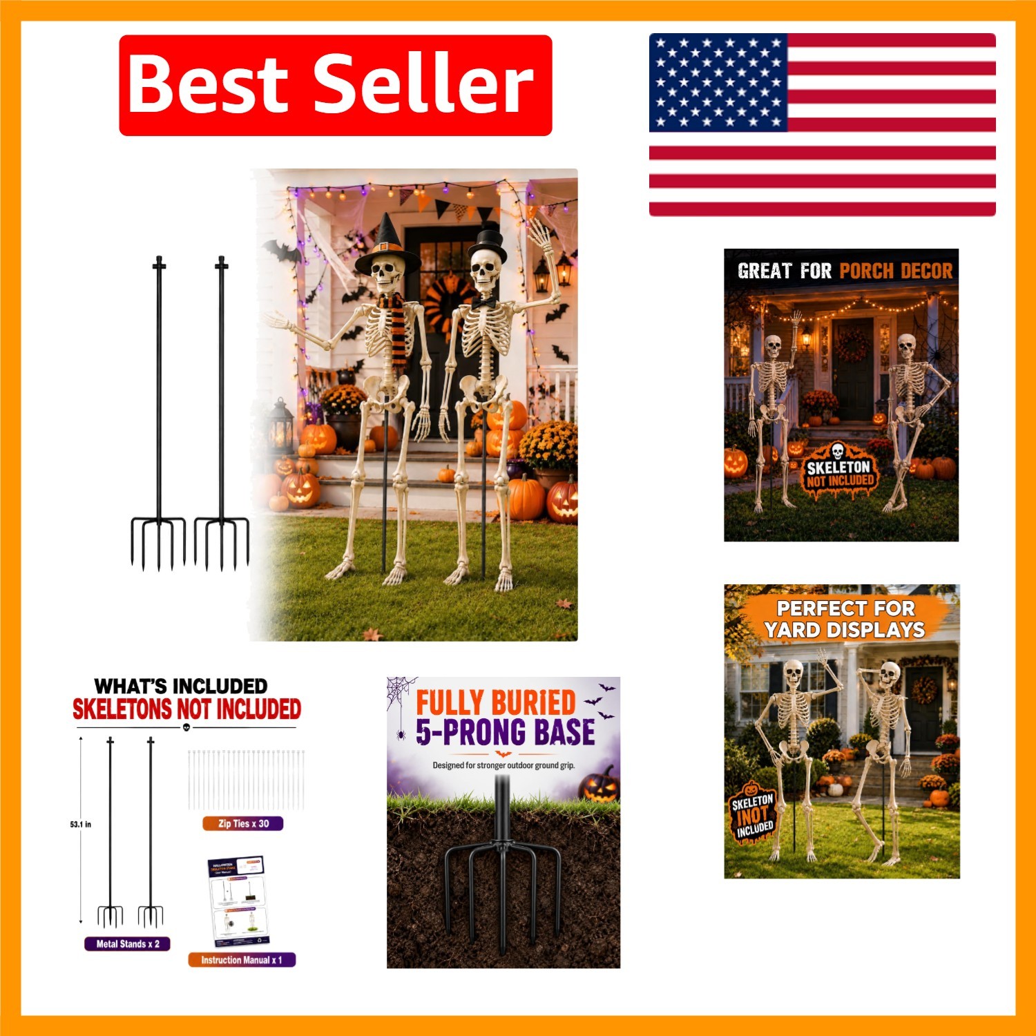 2PCS Adjustable Skeleton Stand for 5-5.6 FT Halloween Displays - Sturdy Outdo...