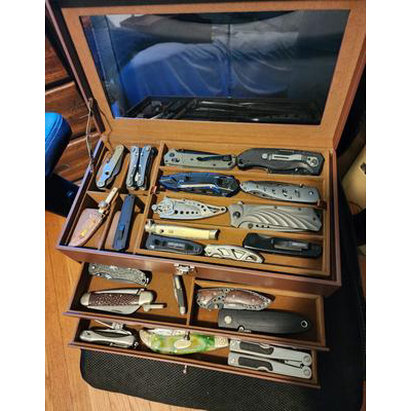 Knife Display Case 22+ Leather & Glass Pocket Knives Watch Organizer Storage Box