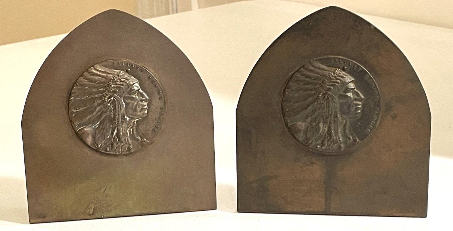 Vtg Calumet Baking Powder Indian Chief Medallion Brass Bookends Signed Robbins