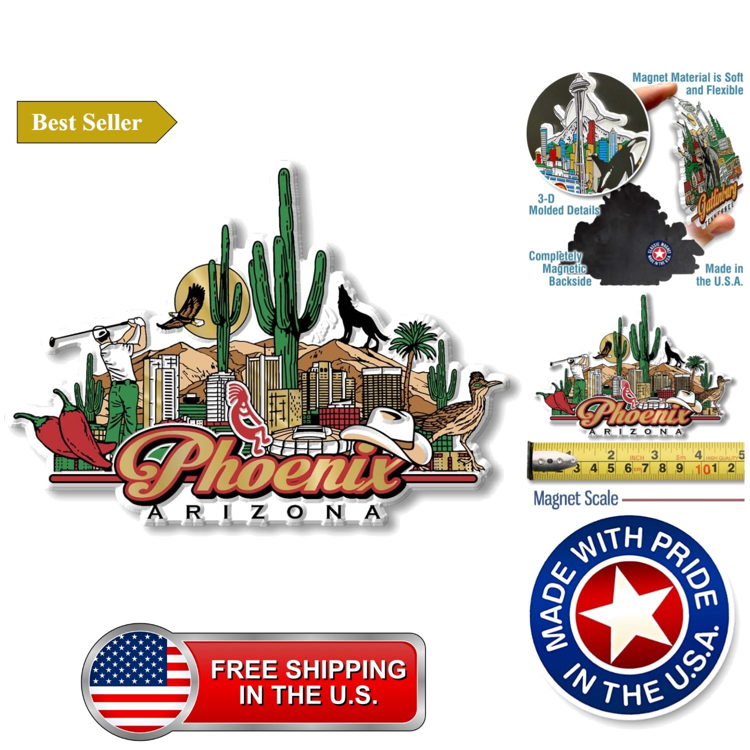 Phoenix City Magnet by , 3D Rubber Vintage-Style Collectible Souvenirs and Gi...