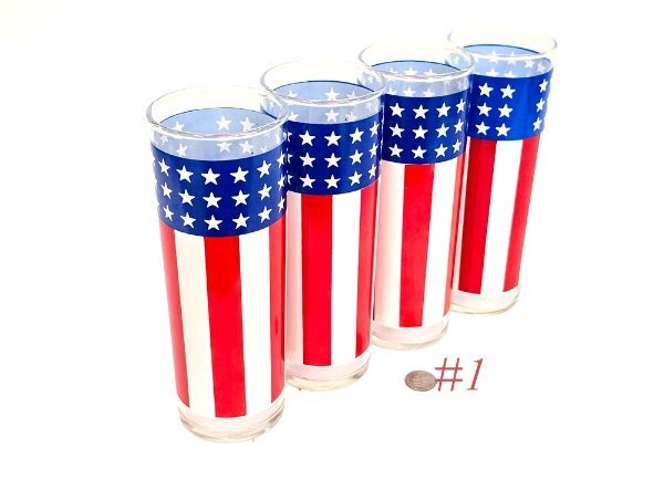 tall slender VINTAGE LIBBEY US PATRIOTIC FLAG DRINKING GLASS GLASSES set (4)