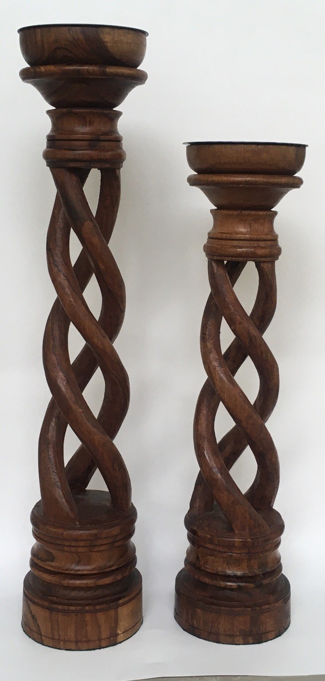 Vintage Hand-Carved Wood Open-Barley Twist Candlesticks ~ Set Of 2