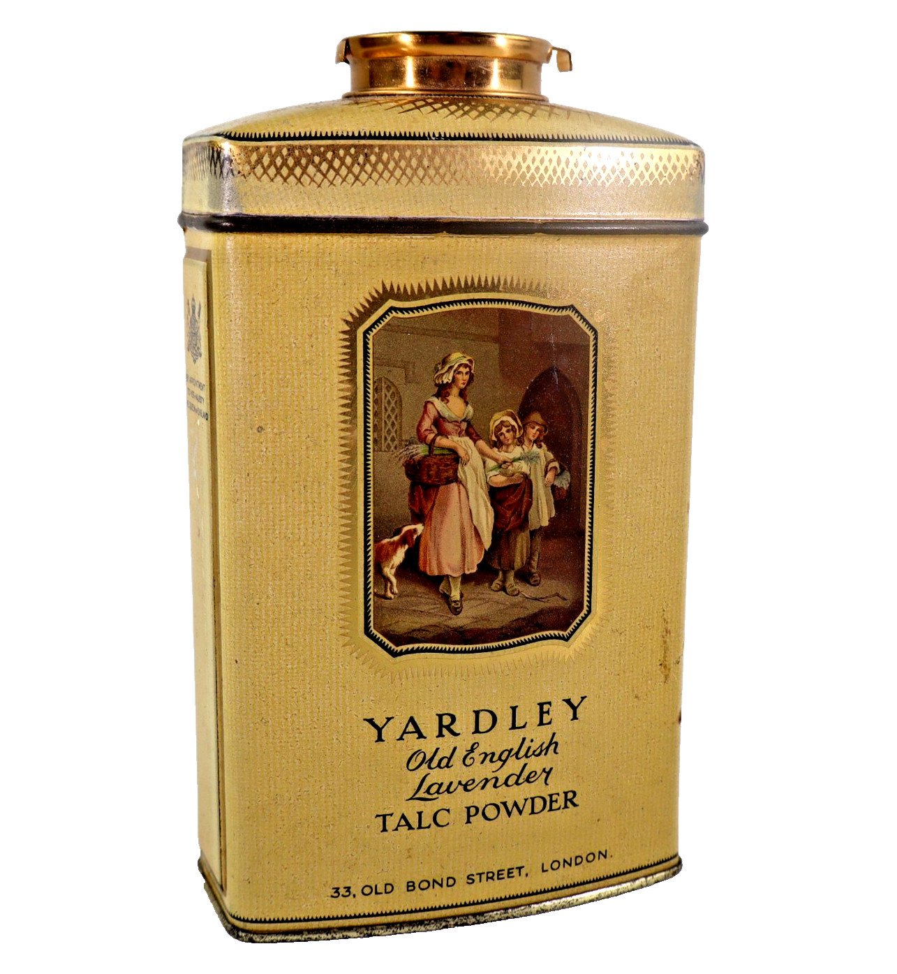 Antique vtg YARDLEY Old English Lavender TALC POWDER tin feels full bath decor