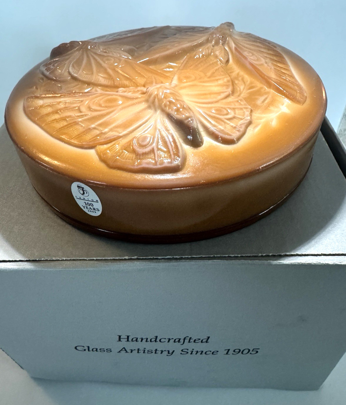 Fenton Vintage CARMEL SWAG  NIB Glass  Dresser Box Butterfly Signed Randy Fenton
