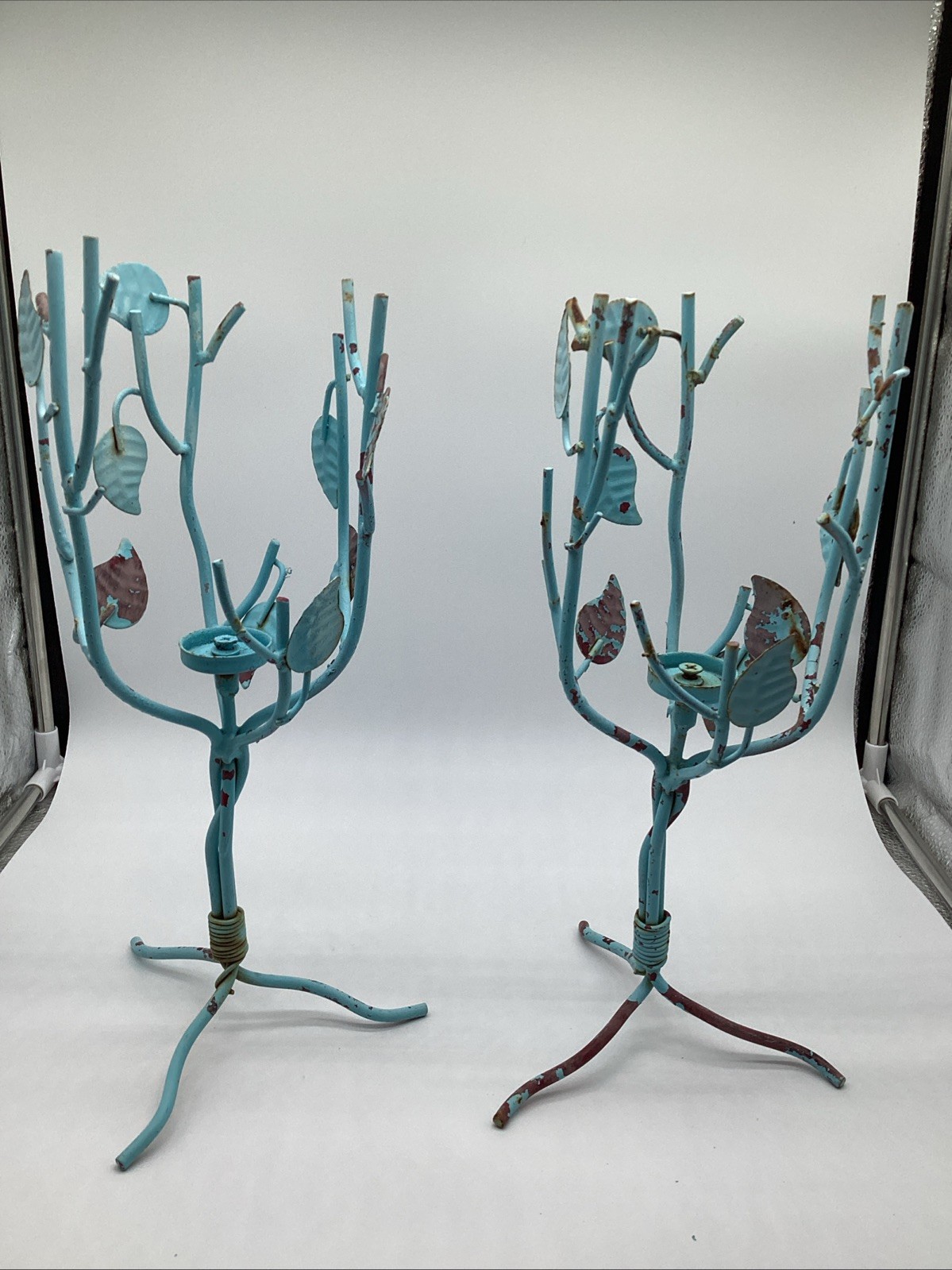 Vintage Pair Metal Tree Branch    Rustic Blue Leaf Pillar Candle Holder