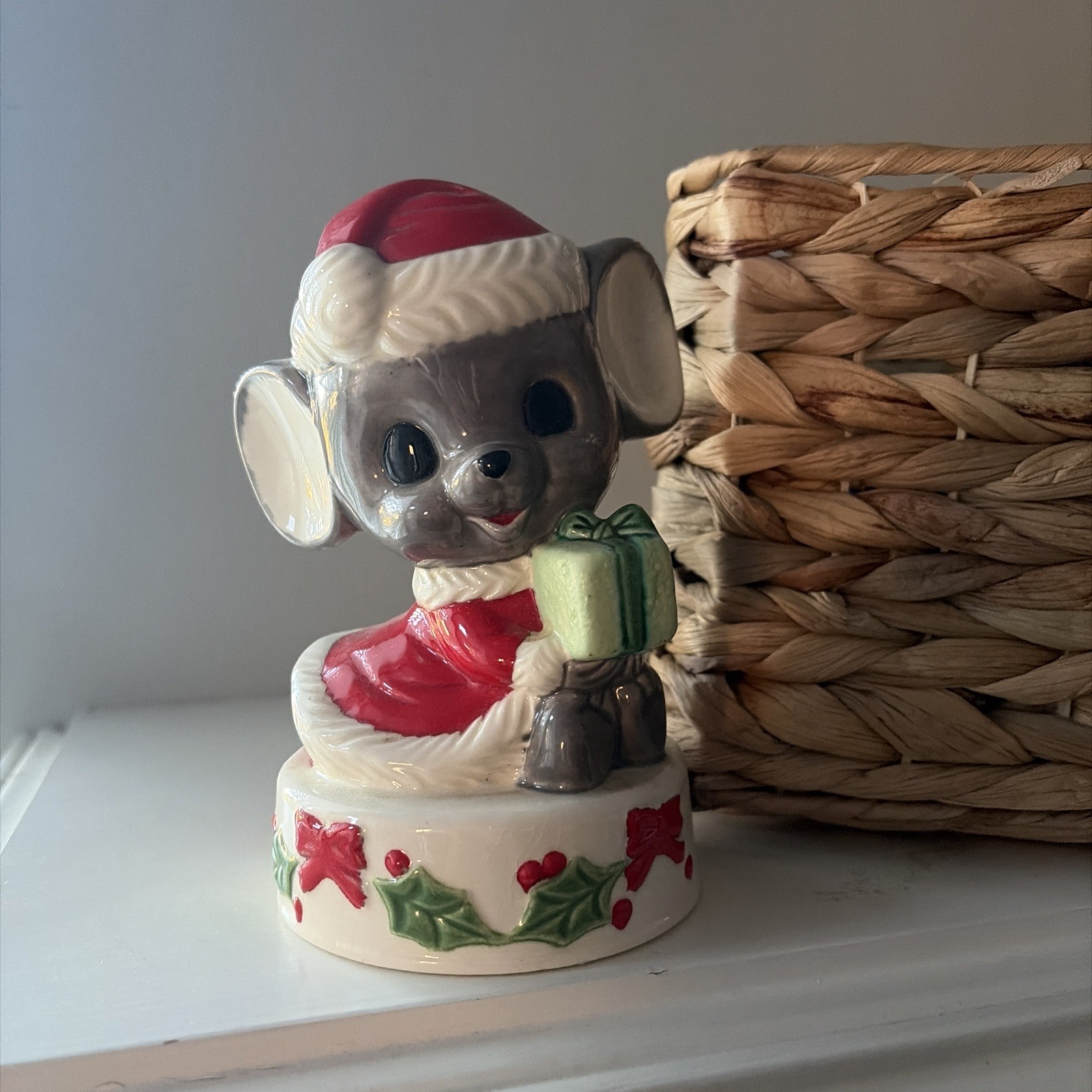 Vintage 1970s MCM Christmas Hand Painted Ceramic Mouse Figurine Kitsch