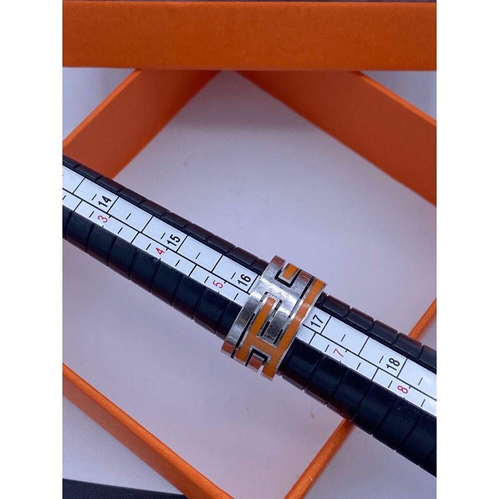 Hermès Orange Enamel and Sterling Silver Ring – Size 6