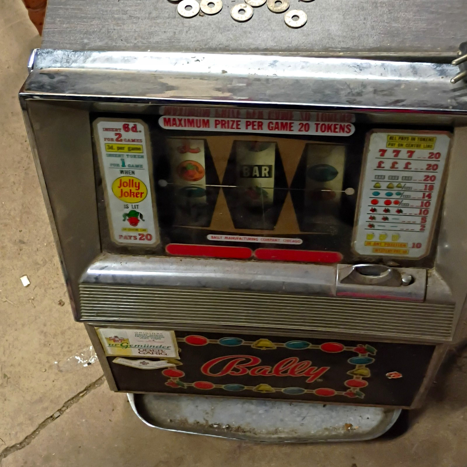 Bally Token Slot Machine w/ Reel Window and Bally Front Panel