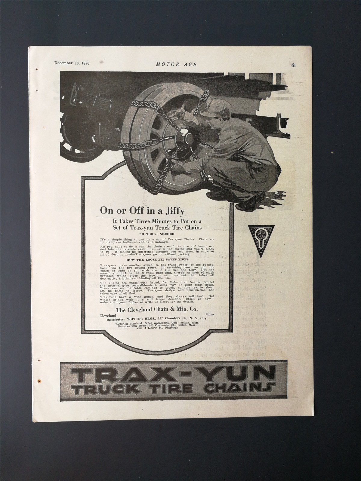 Vintage 1920 Trax-Yun Truck Tire Chains Full Page AD