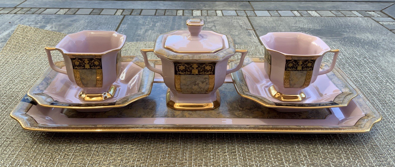 Vintage H&C Original Rosa Porzellan Czech Pink Gold Tea Set Tray Hand Painted