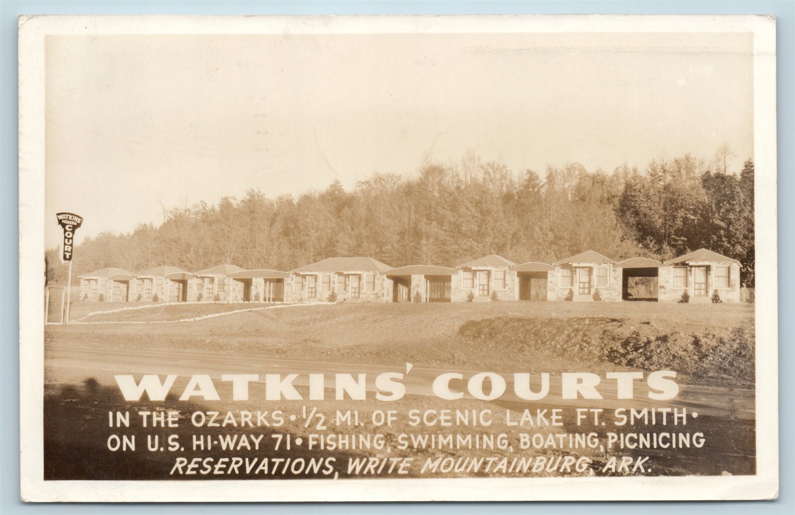 Postcard AR Mountainburg Watkins Courts Motel Cabins RPPC Real Photo W1