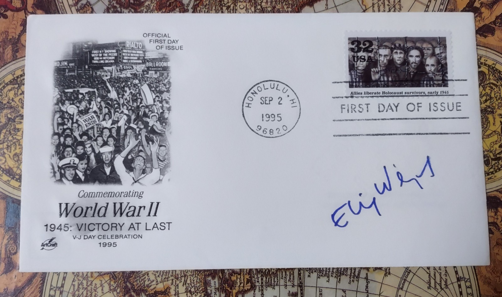 RARE ELI WEISEL THE FAMOUS NAZI HUNTER.  SIGNED JEWS IN CONCENTRATION CAMP STAMP