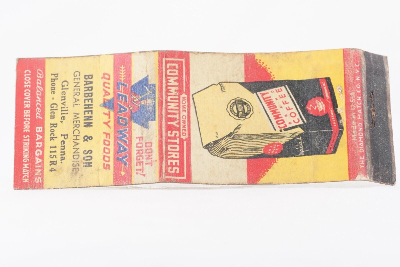 1930s Community Coffee Leadway Quality Foods Advertisement Matchbook Cover