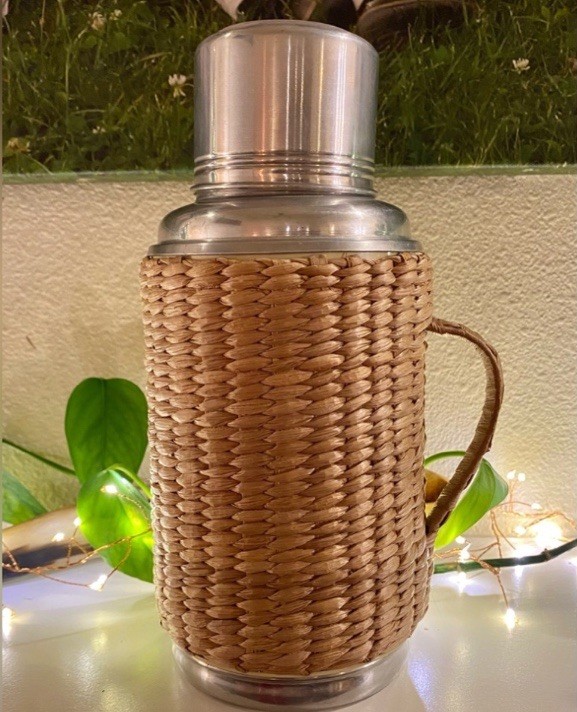VTG 1960s Woven Rattan Bamboo Insulated Thermos Cup Glass Interior *missing lid
