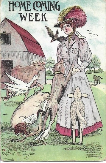Postcard Lady in Victorian Fashion Homecoming Week Farm Animals Embossed 1910
