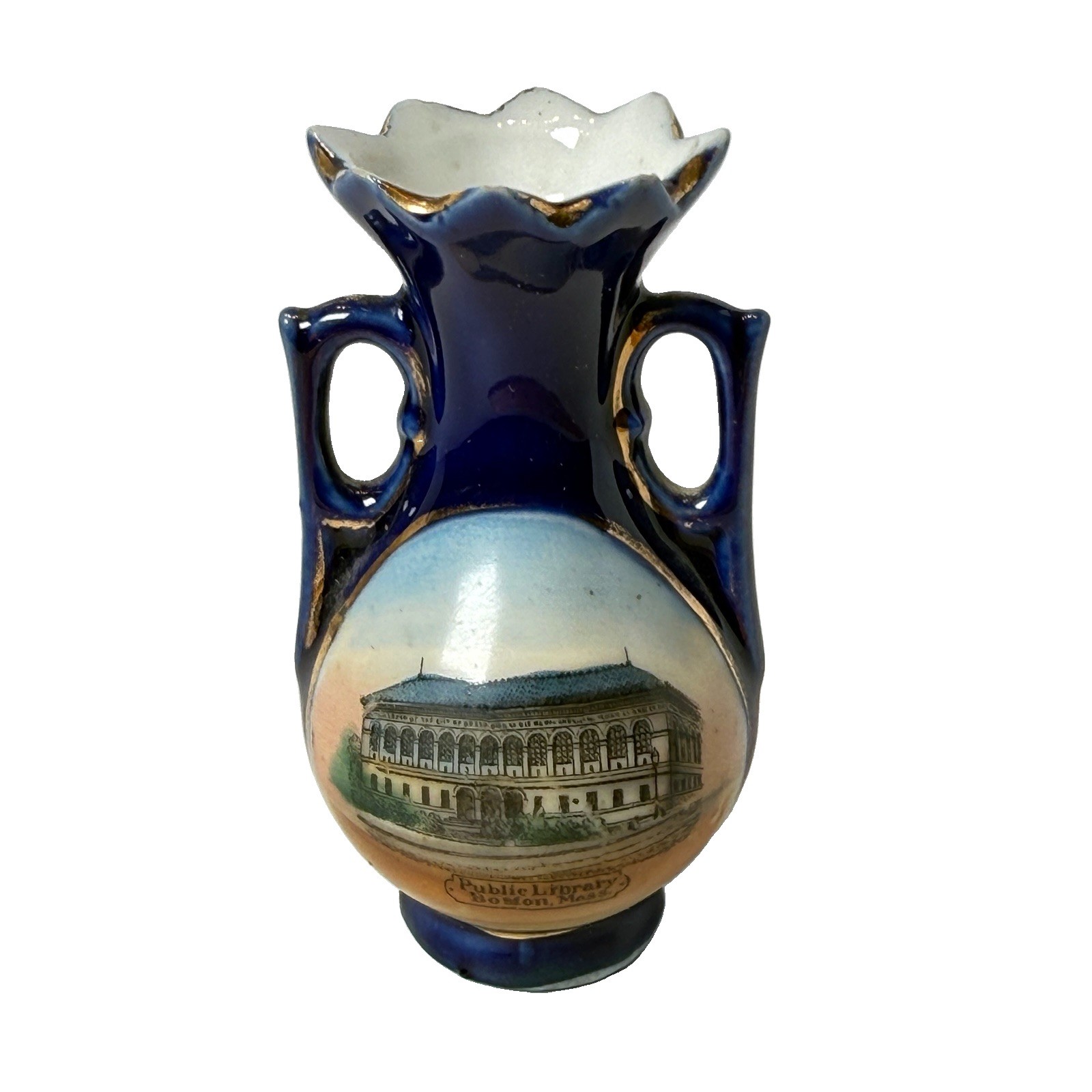 BOSTON MA Massachusetts Souvenir PUBLIC LIBRARY Porcelain COBALT TRINKET VASE
