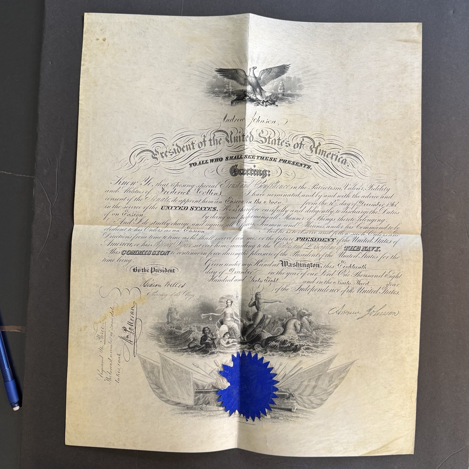 1868 Andrew Johnson Navy Commission Frederick Collins Hand Signed Gideon Welles