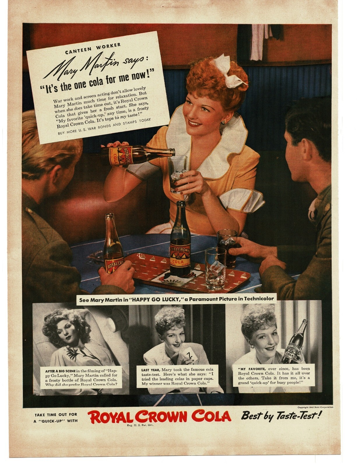 1943 Royal Crown Cola Mary Martin Canteen Worker WWII Vintage Print Ad