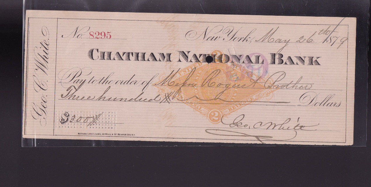 Chatham National Bank New York City Used Bank Check 1879 Pink