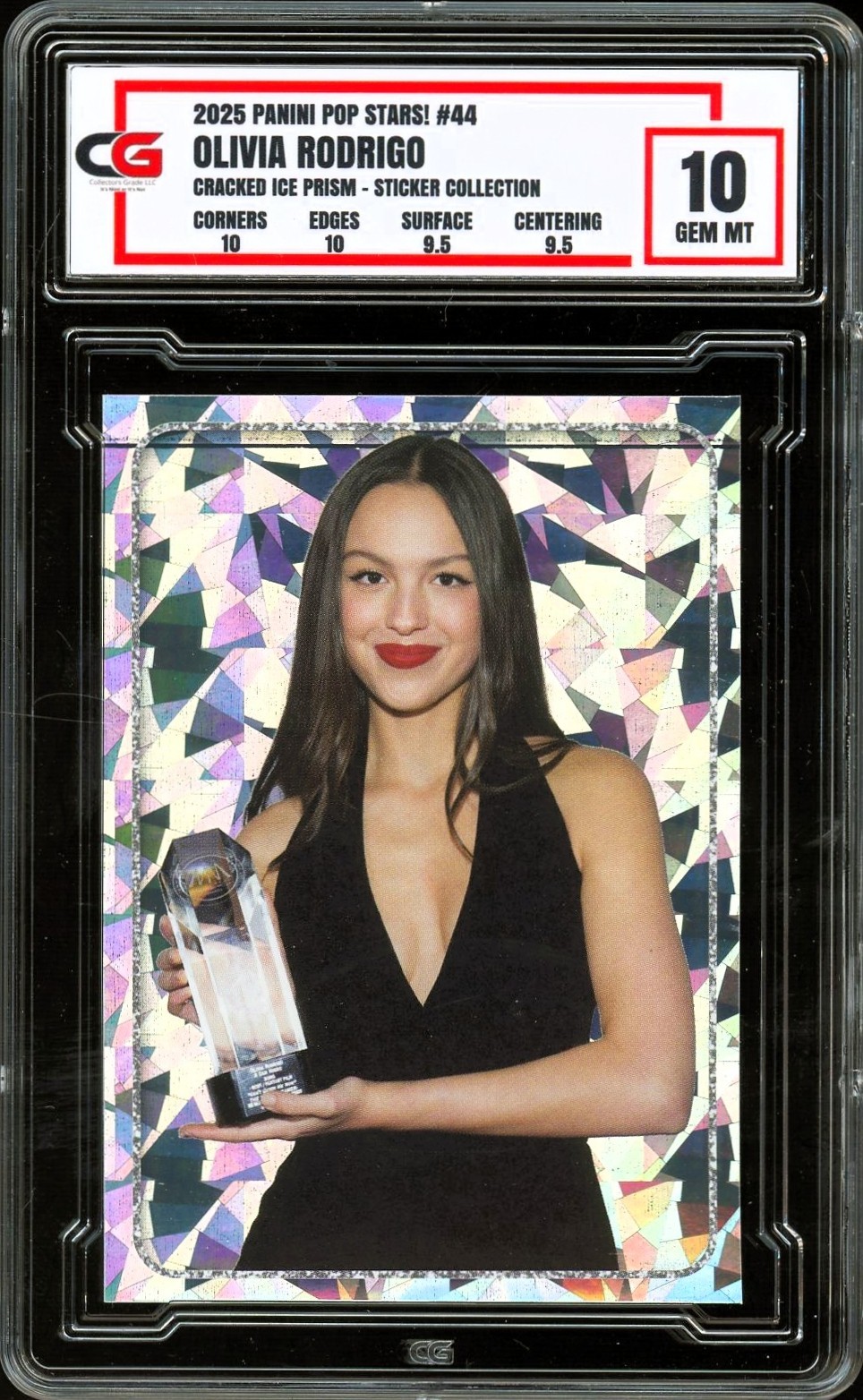 2025 Panini Pop Stars Sticker #44 Olivia Rodrigo ROOKIE CRACKED ICE ~ CG 10 GEM
