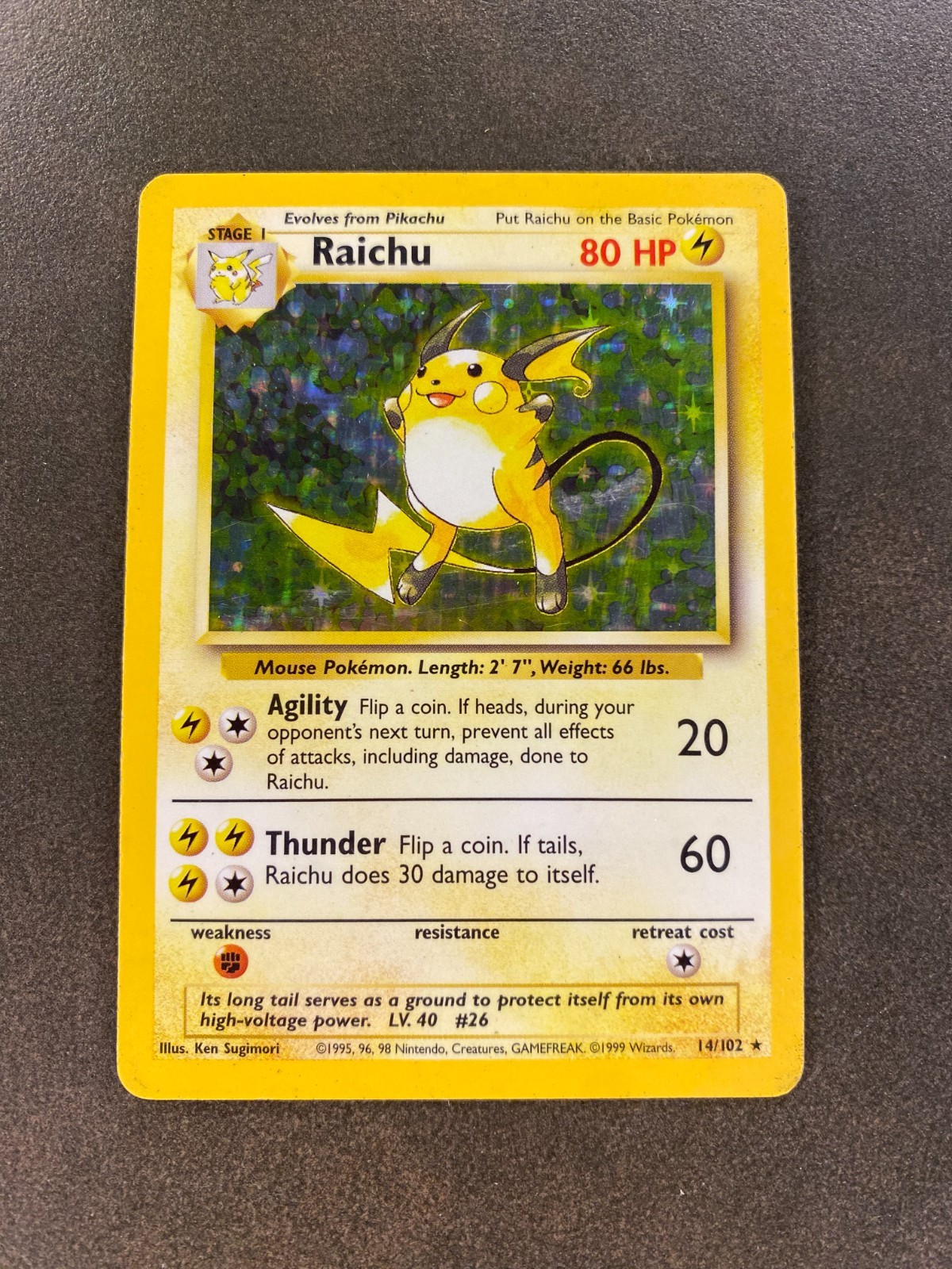 Raichu 14/102 - Original Base Set - Holo Rare - Vintage 1999 Pokemon Card