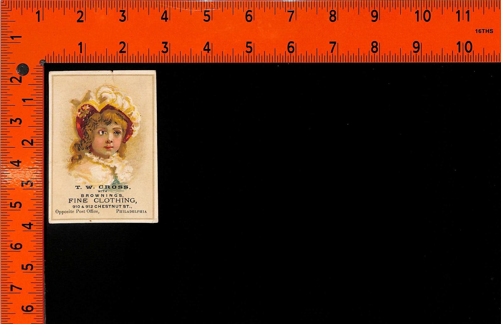 Victorian Trade Card T. W. Cross Brownings Fine Clothing Young Girl Hat
