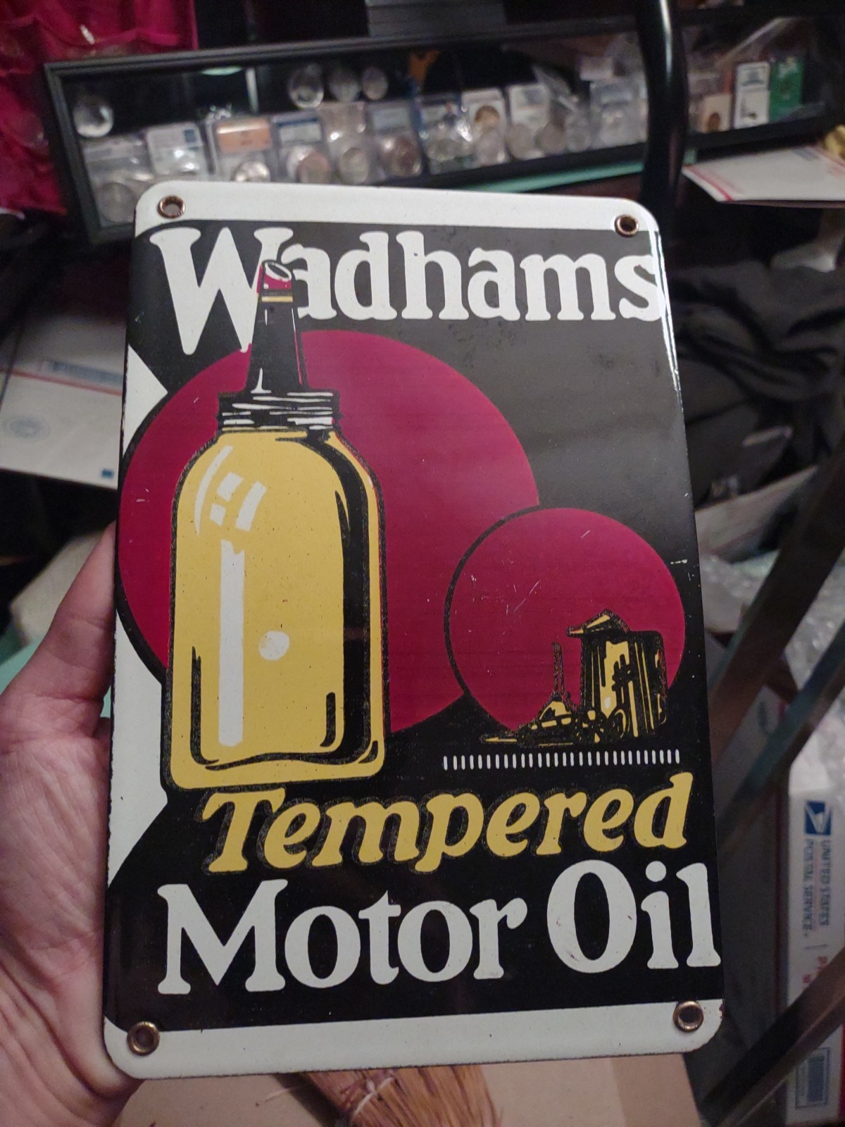 VINTAGE RARE WADHAMS TEMPERED MOTOR OIL  PORCELAIN ENAMEL SIGN 10