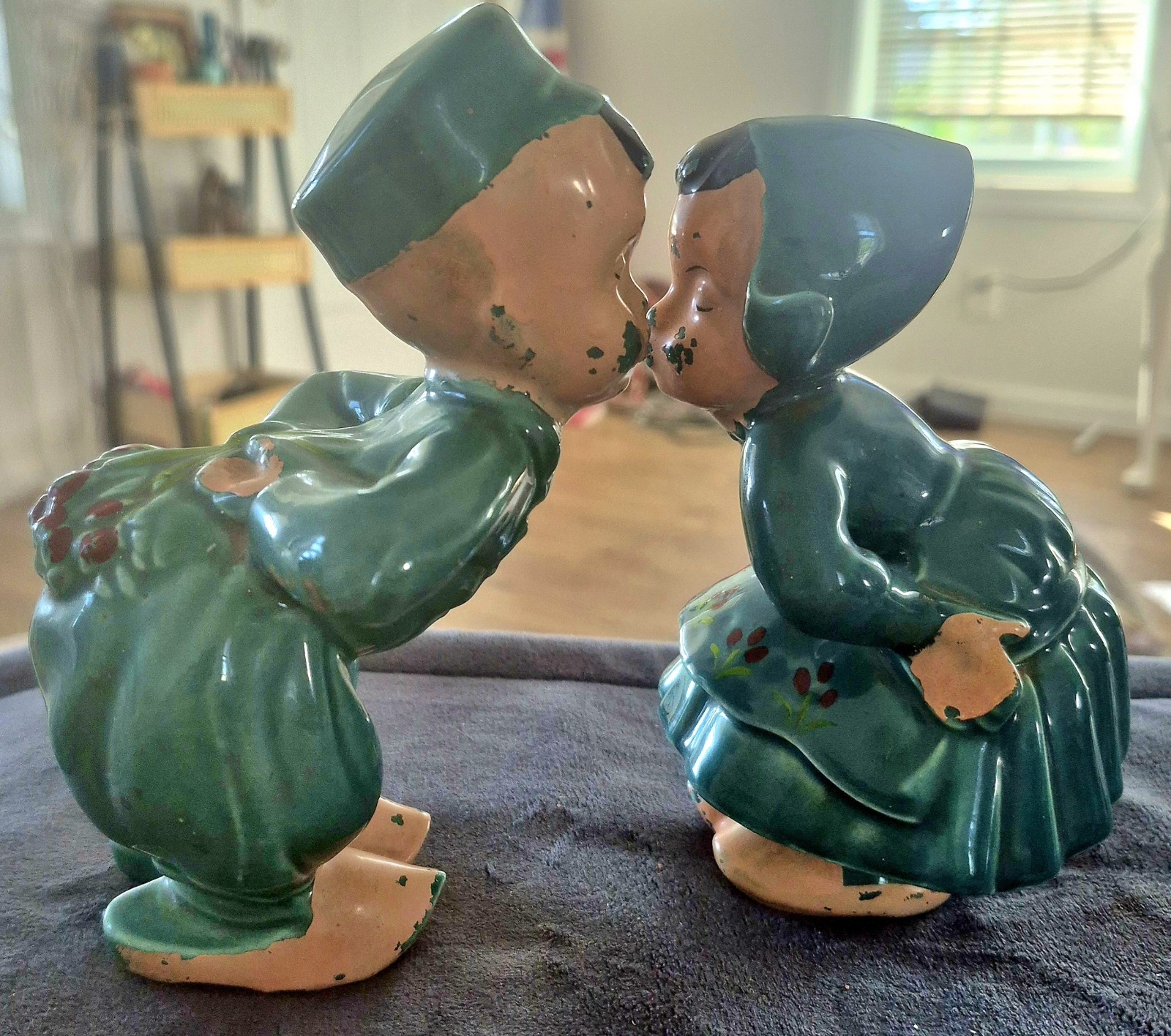 Vintage Dutch Kissing Boy and Girl Ceramic Figurines Mid Century Hobbyist Mold