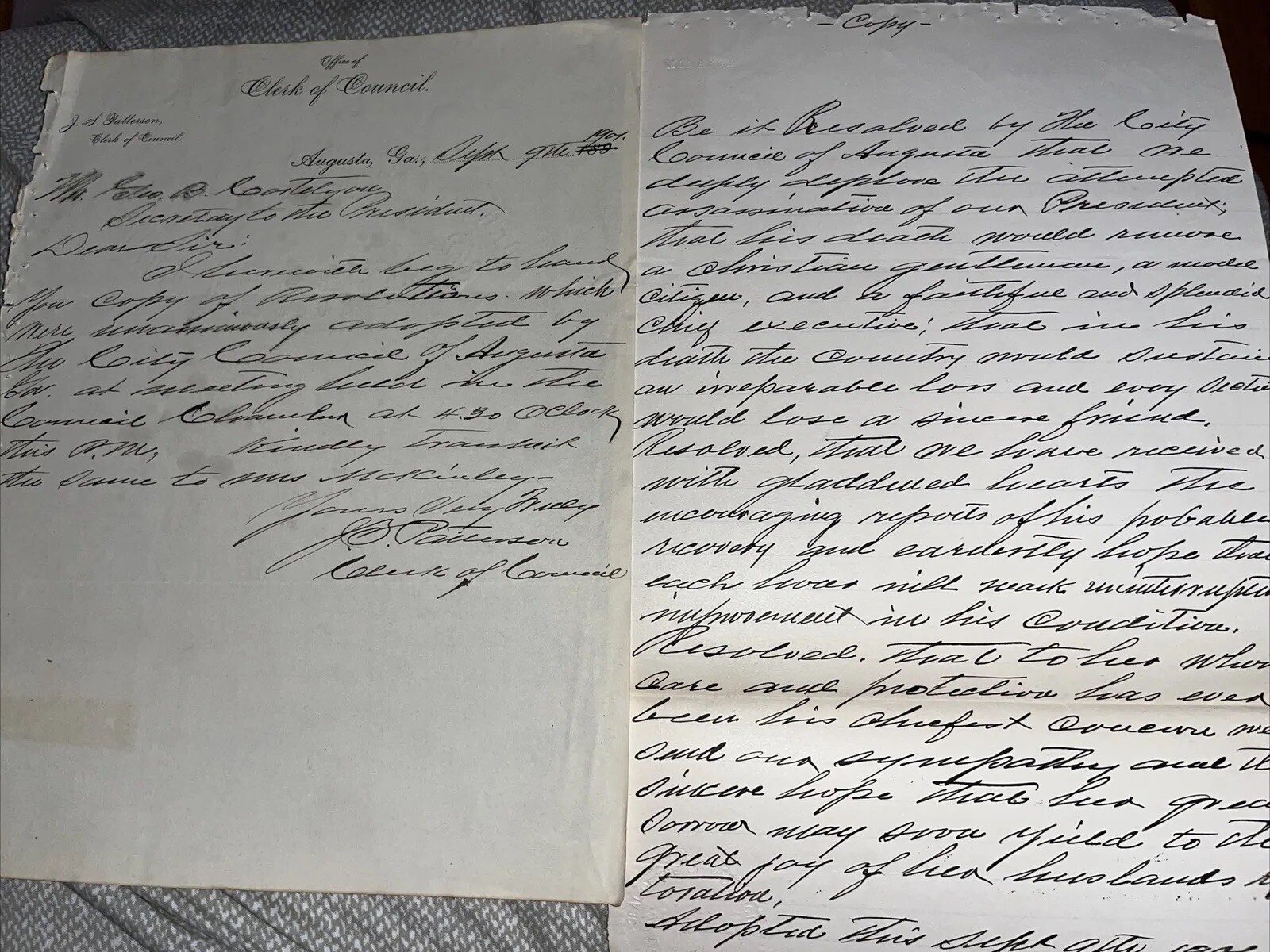 1901 Augusta GA City Council Death Resolution President McKinley Assassination