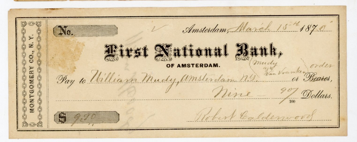 1870 First National Bank Amsterdam NY Bank Check William Moody Signed Calderwood