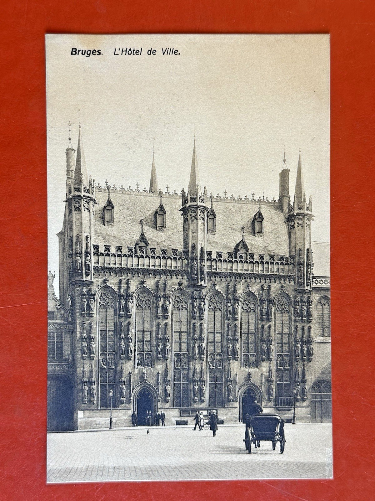 1909 BRUGES BELGIUM Antique Postcard~L'HOTEL DE VILLE ~CITY HALL~ Horse Dog