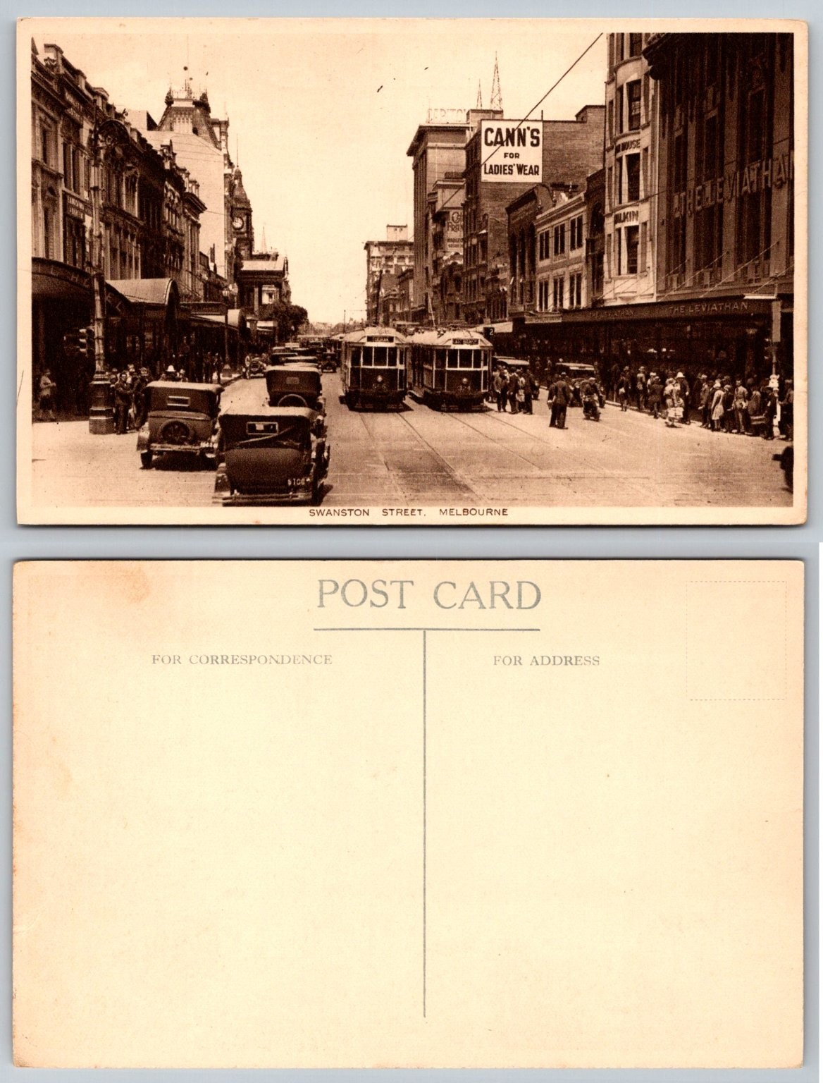 Vintage RPPC Swanston Street Melbourne Australia Trams Cars Pedestrians 1920s
