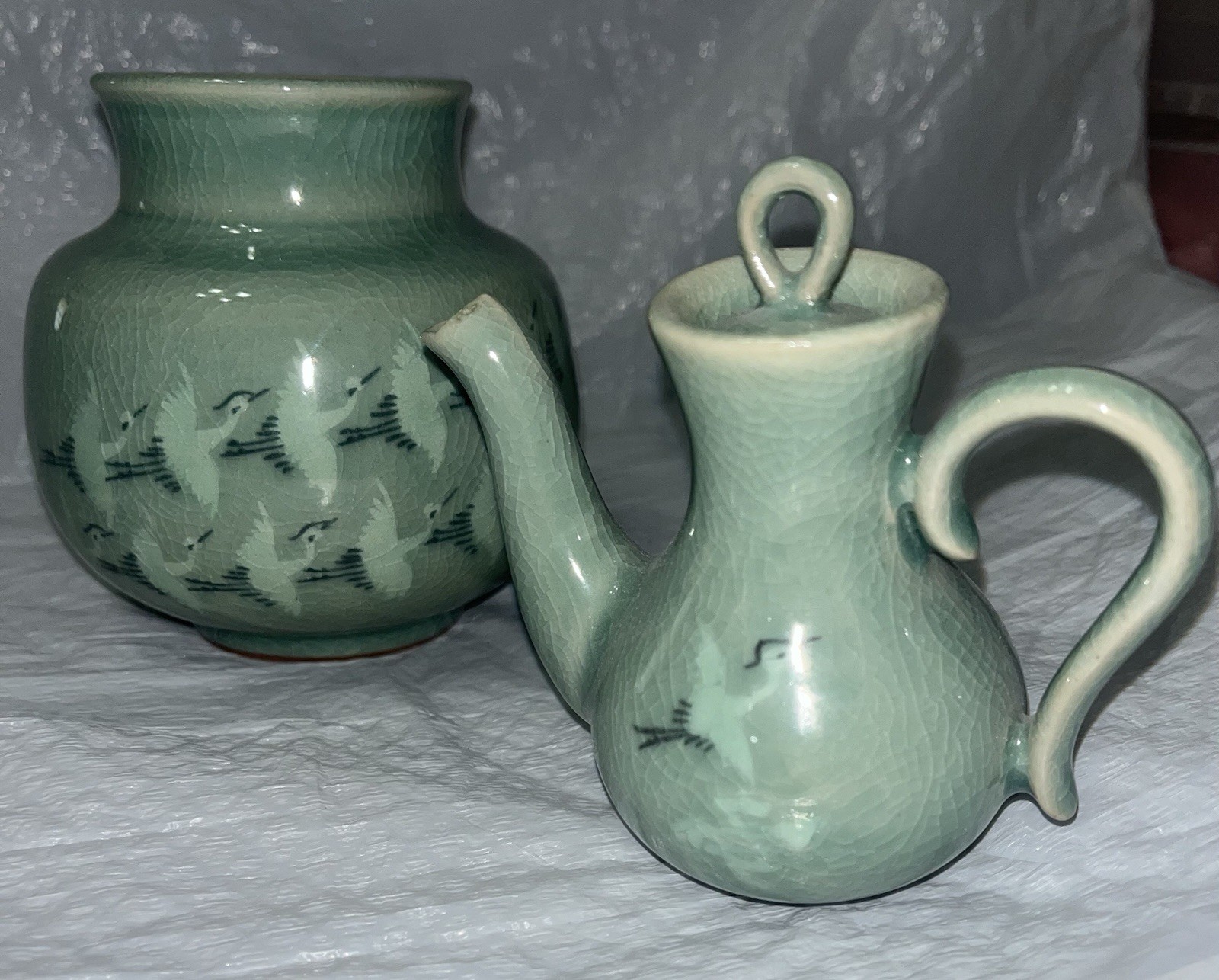 Vintage Korean Celadon 2-Piece Wine / Tea Set - Crane Motif & Hyo-gye Mark