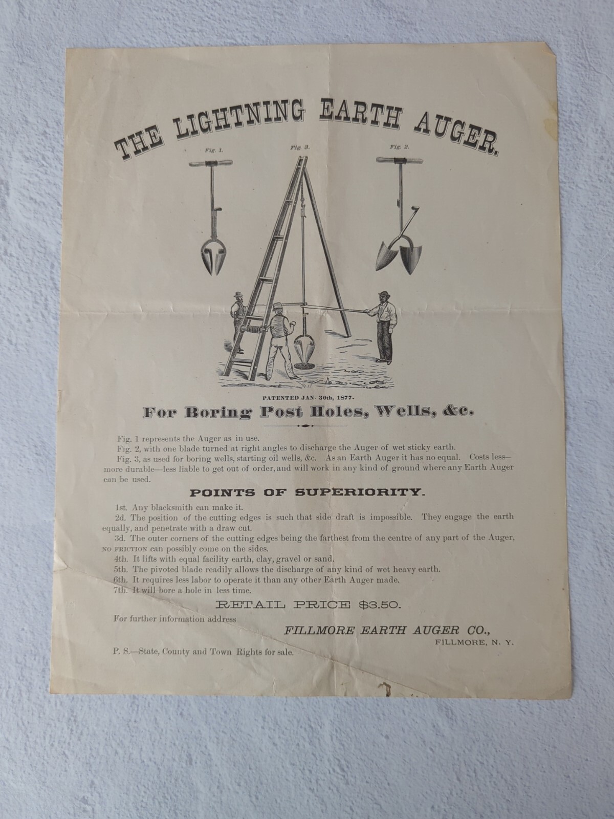 The Lightning Earth Auger Fillmore NY Broadside Advertisement, Post Holes, Wells