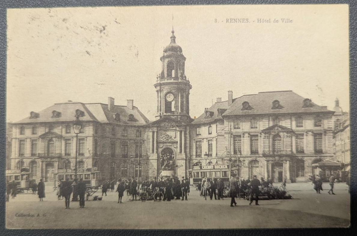 1923 Rennes France Hotel de Ville Postcard to Pennsylvania USA Semeuse Stamps